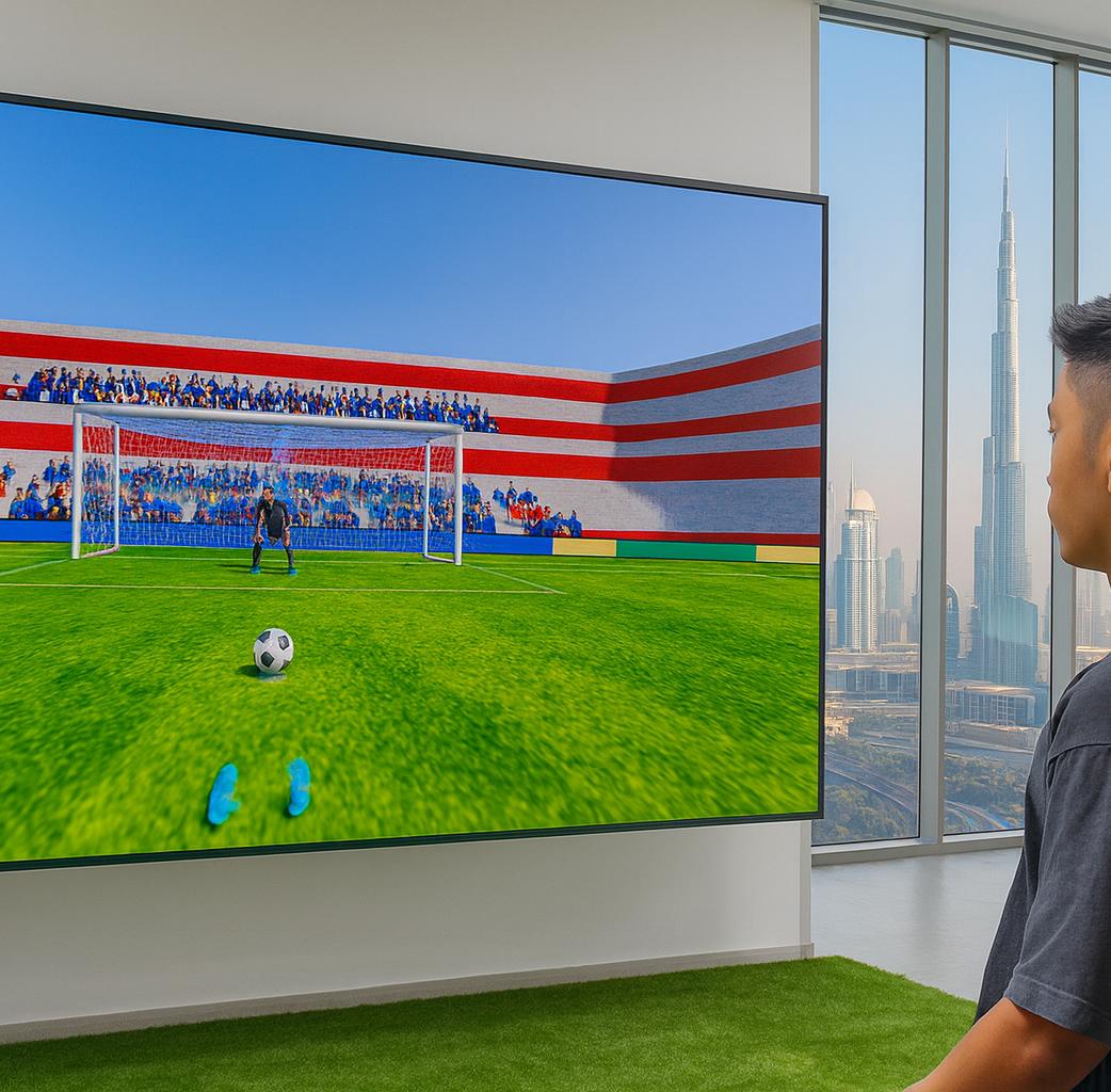 Guests playing a digital soccer penalty shootout game at an event, featuring real-time scoring, interactive gameplay, and customizable branding in the UAE